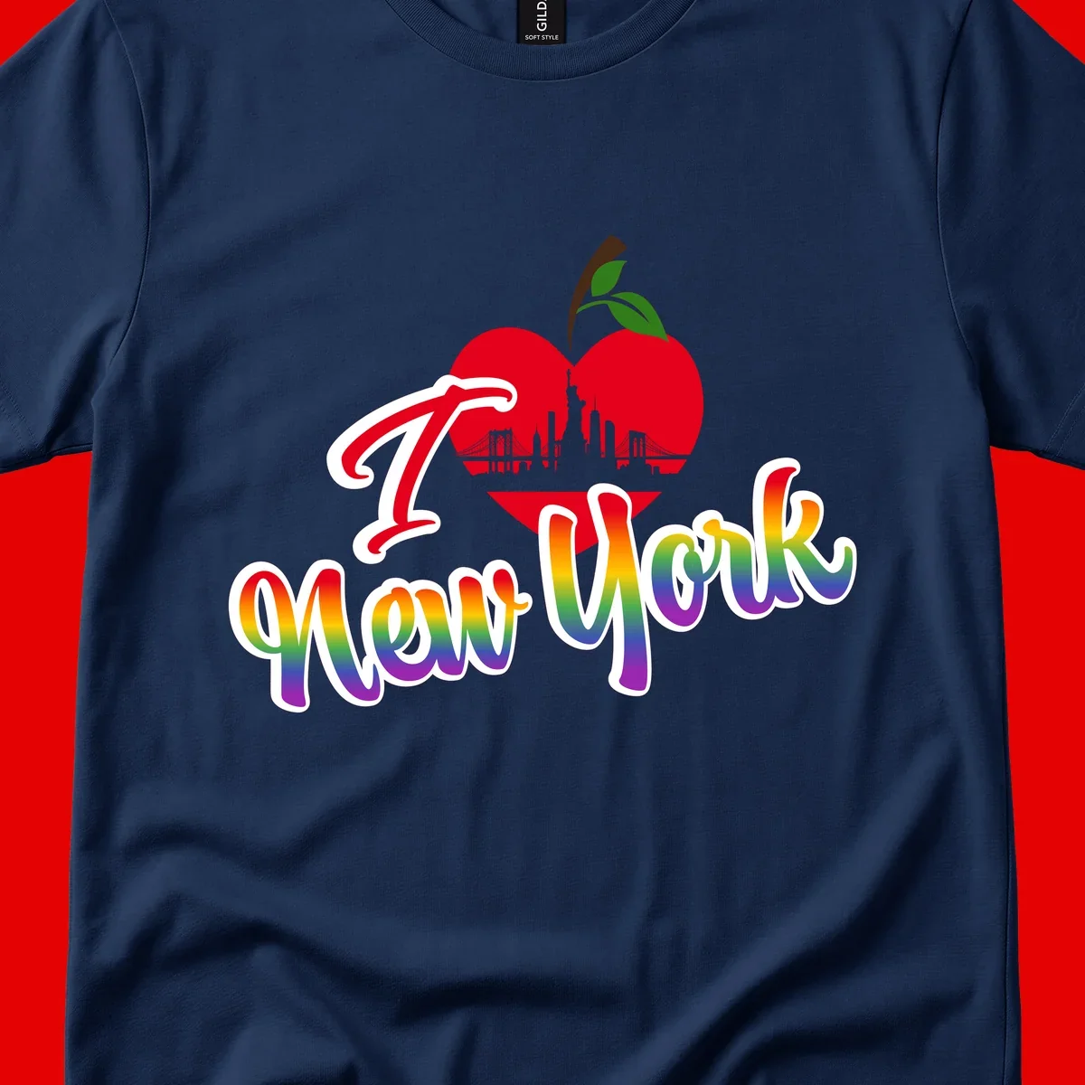 I Love New York Pride design featuring red apple with NYC skyline and rainbow gradient text celebrating LGBTQ+ pride