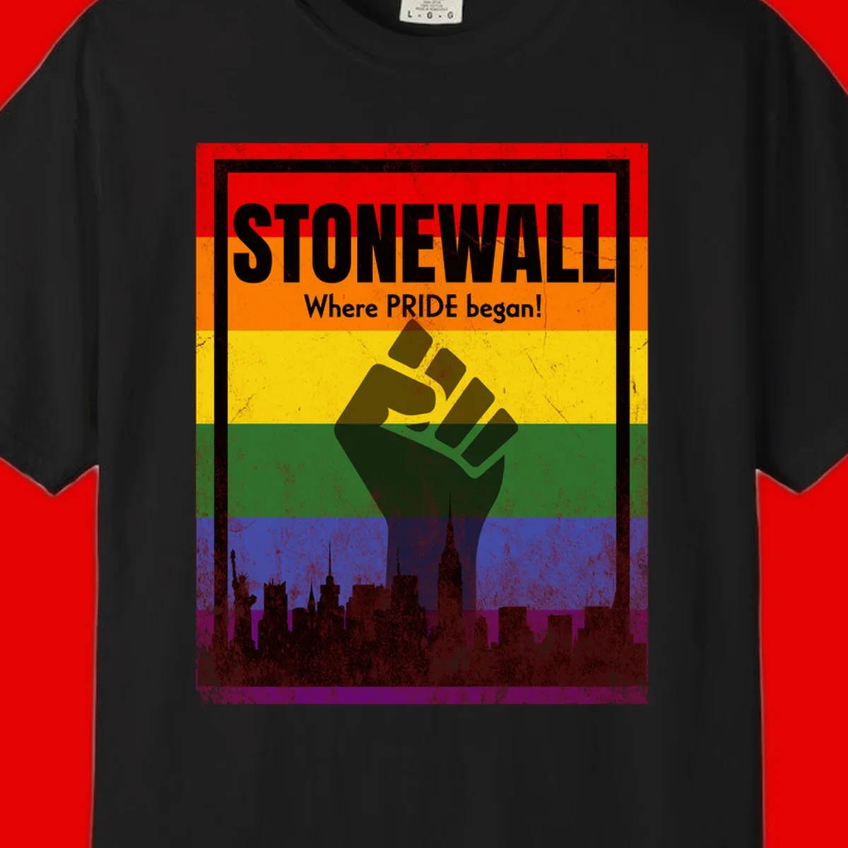 Stonewall pride history design: raised fist against rainbow flag with NYC skyline and 'Where Pride began' text