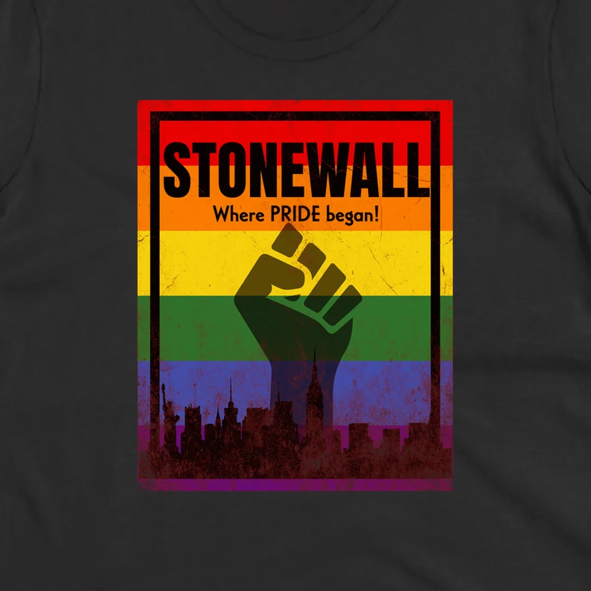 Stonewall pride history design: raised fist against rainbow flag with NYC skyline and 'Where Pride began' text