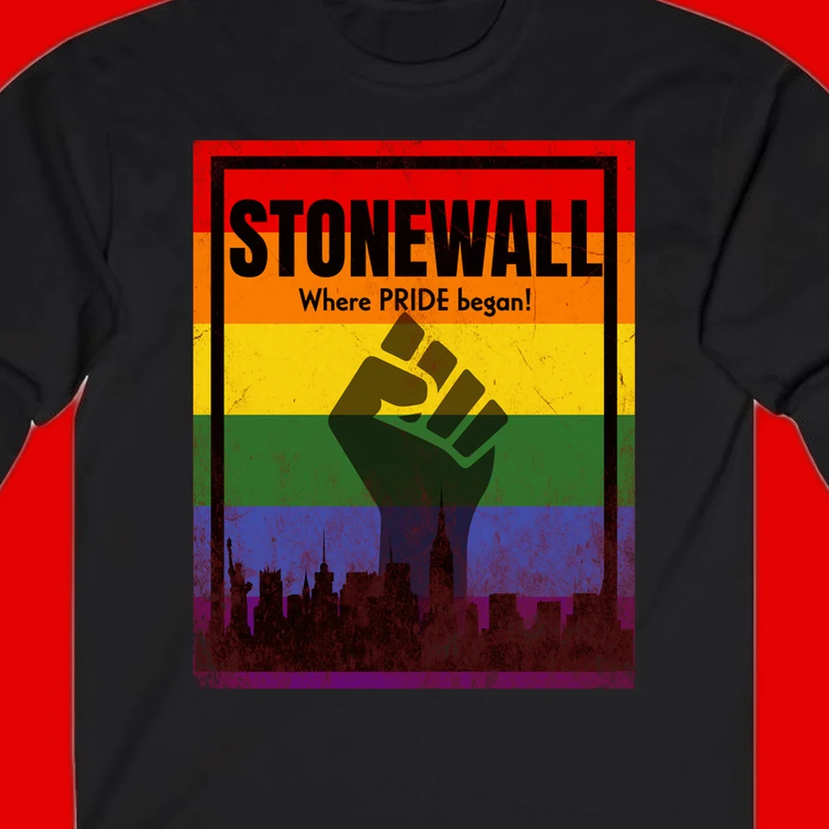 Stonewall pride history design: raised fist against rainbow flag with NYC skyline and 'Where Pride began' text