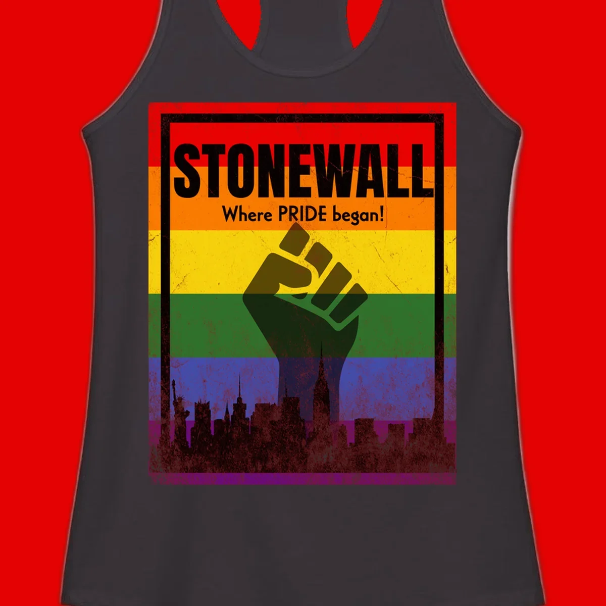 Stonewall pride history design: raised fist against rainbow flag with NYC skyline and 'Where Pride began' text