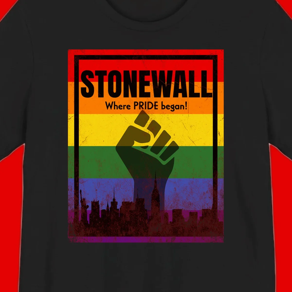 Stonewall pride history design: raised fist against rainbow flag with NYC skyline and 'Where Pride began' text