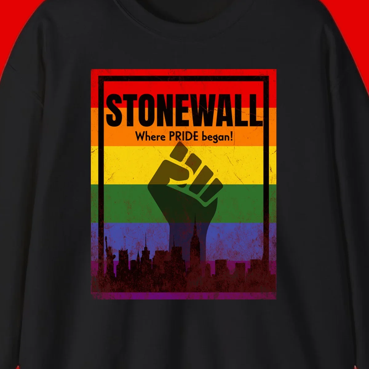 Stonewall pride history design: raised fist against rainbow flag with NYC skyline and 'Where Pride began' text