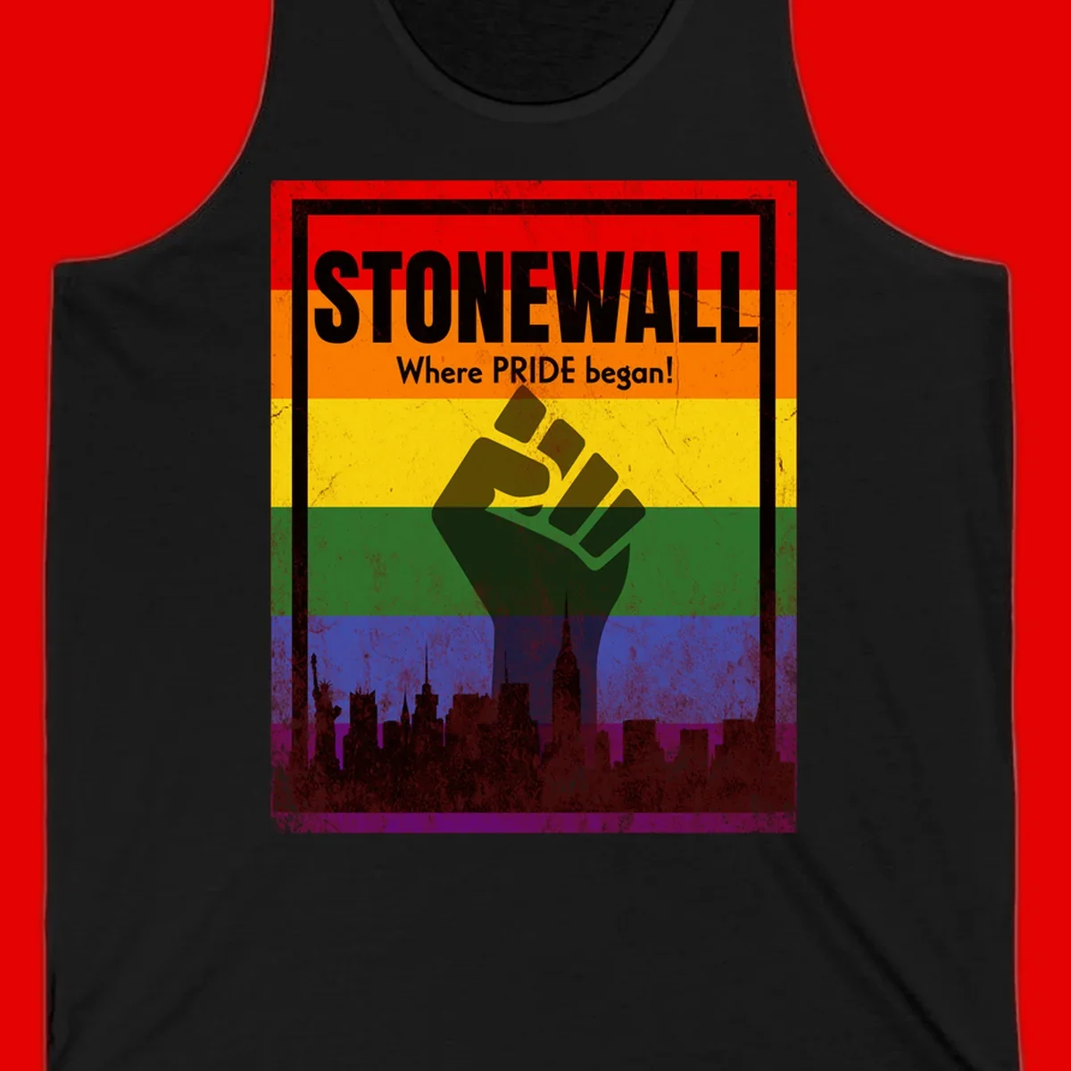 Stonewall pride history design: raised fist against rainbow flag with NYC skyline and 'Where Pride began' text