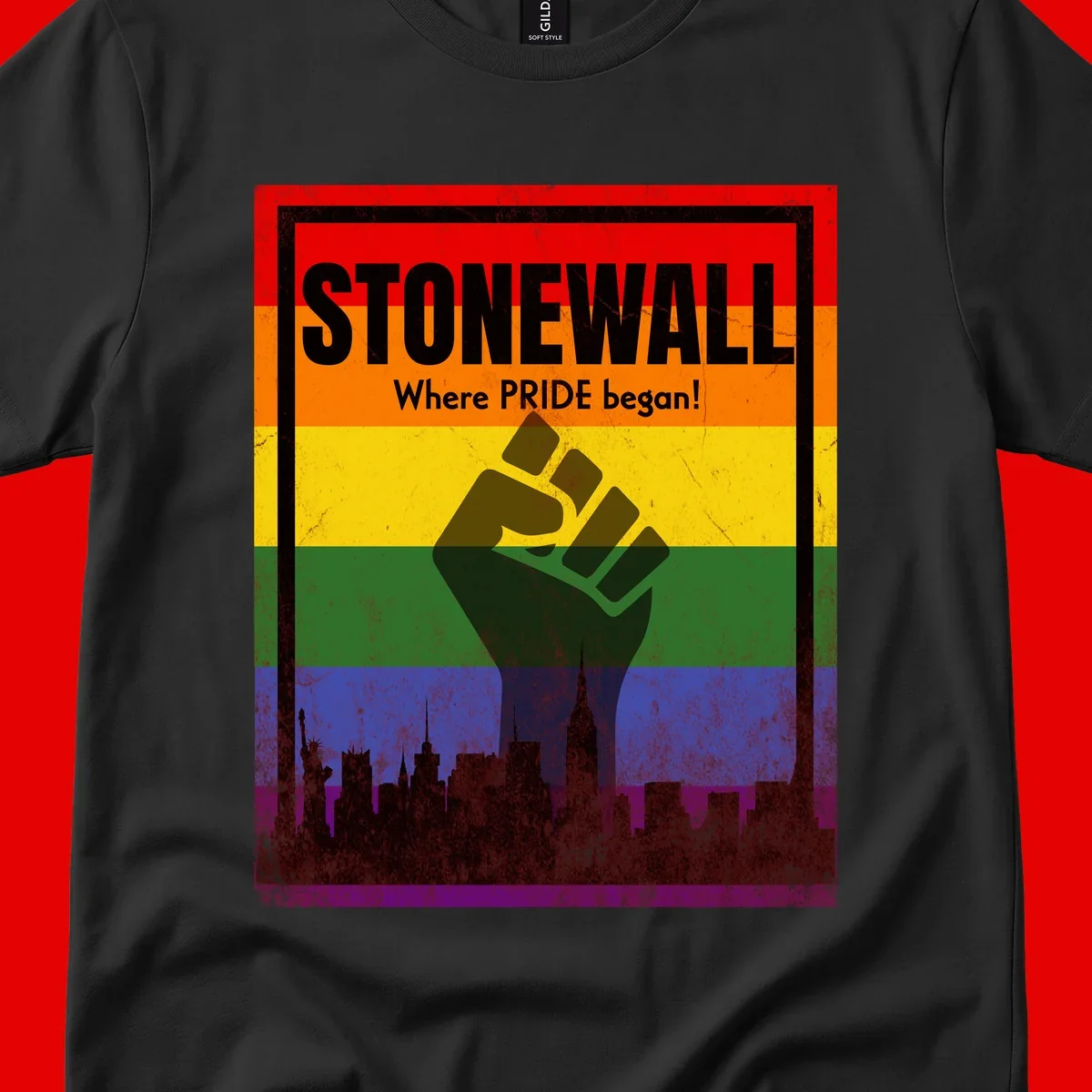 Stonewall pride history design: raised fist against rainbow flag with NYC skyline and 'Where Pride began' text