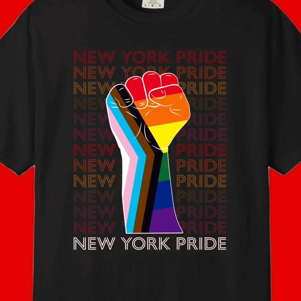 Raised fist in rainbow pride colors with pink, cyan, brown, and black diversity stripes on gray background with New York Pride text
