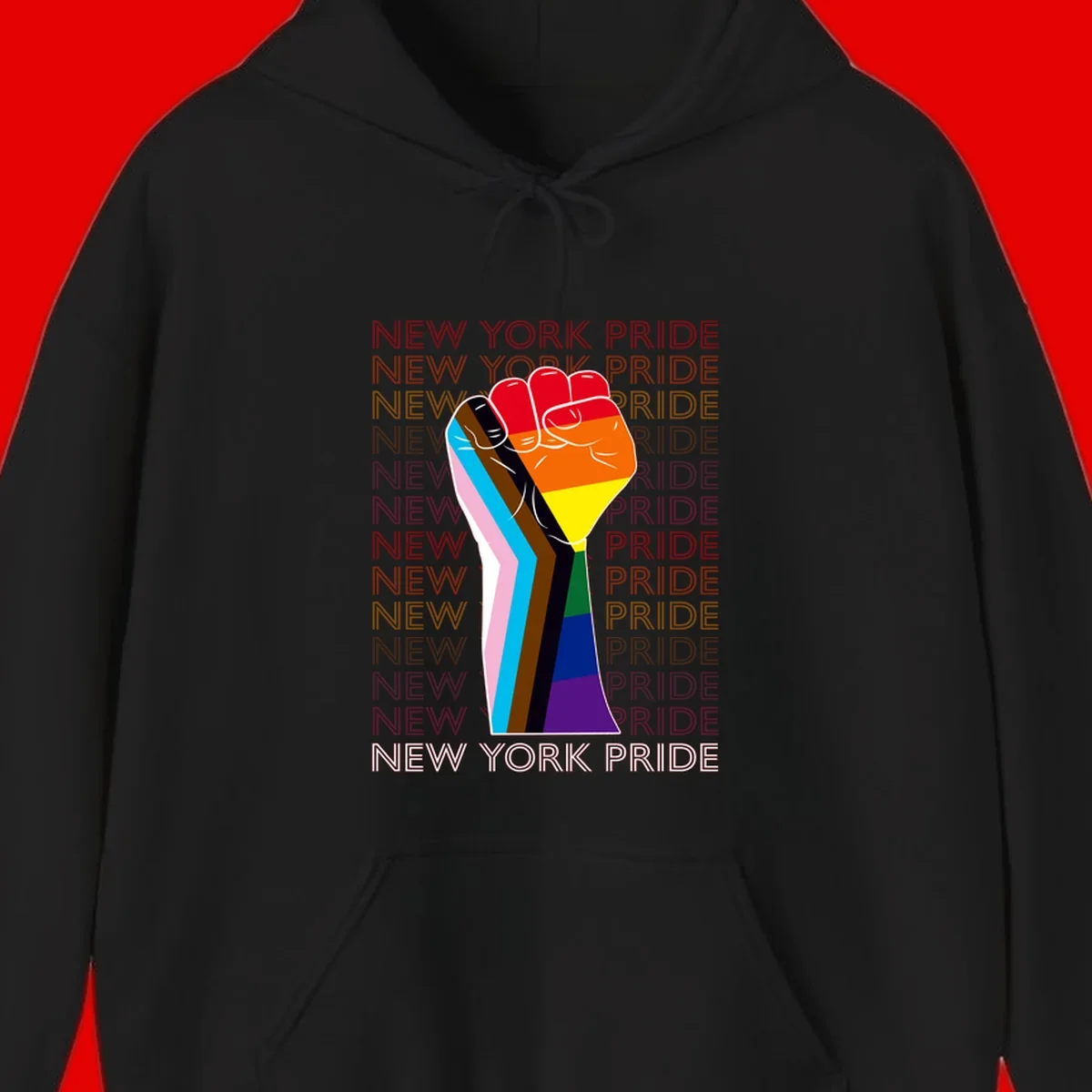 Raised fist in rainbow pride colors with pink, cyan, brown, and black diversity stripes on gray background with New York Pride text