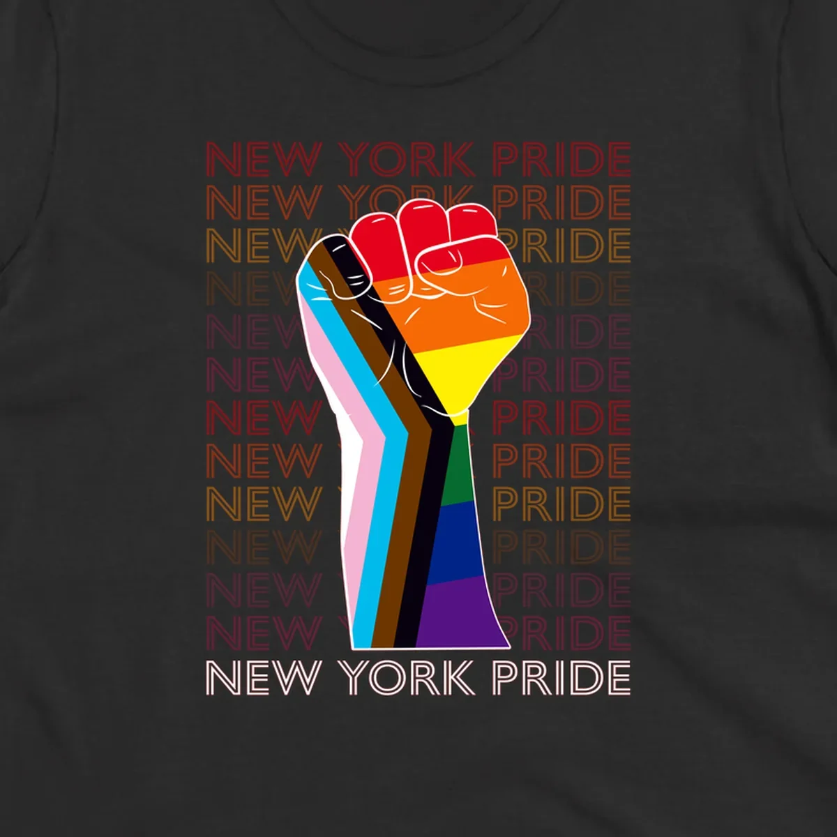 Raised fist in rainbow pride colors with pink, cyan, brown, and black diversity stripes on gray background with New York Pride text