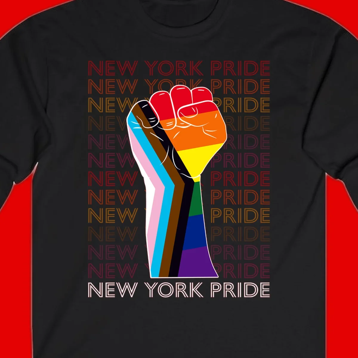 Raised fist in rainbow pride colors with pink, cyan, brown, and black diversity stripes on gray background with New York Pride text