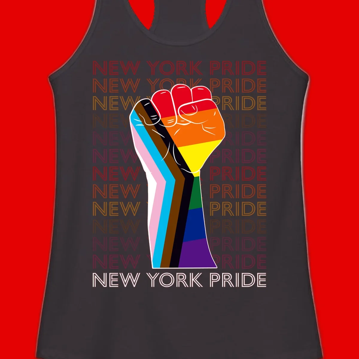 Raised fist in rainbow pride colors with pink, cyan, brown, and black diversity stripes on gray background with New York Pride text