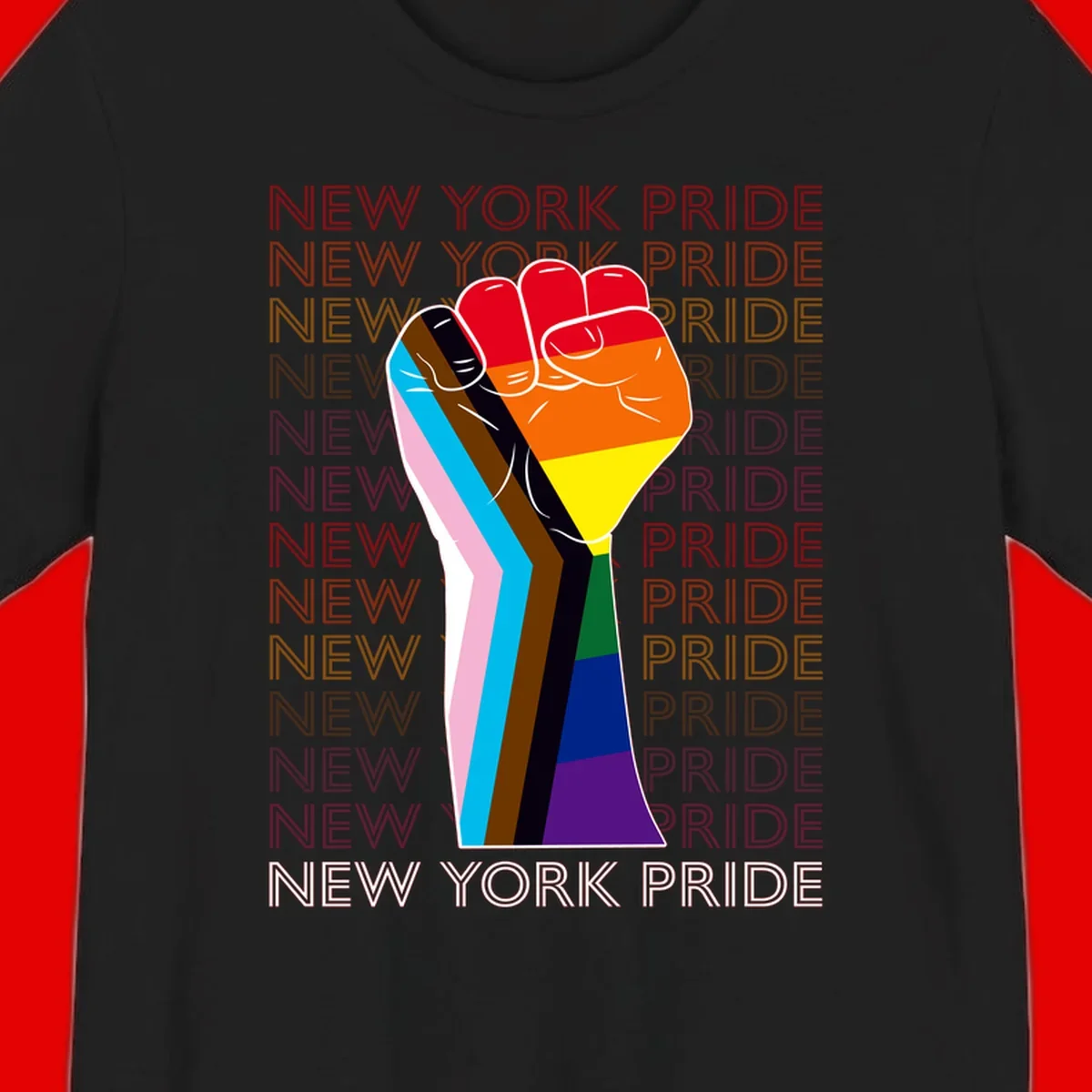 Raised fist in rainbow pride colors with pink, cyan, brown, and black diversity stripes on gray background with New York Pride text