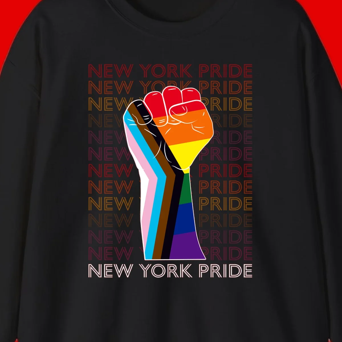 Raised fist in rainbow pride colors with pink, cyan, brown, and black diversity stripes on gray background with New York Pride text