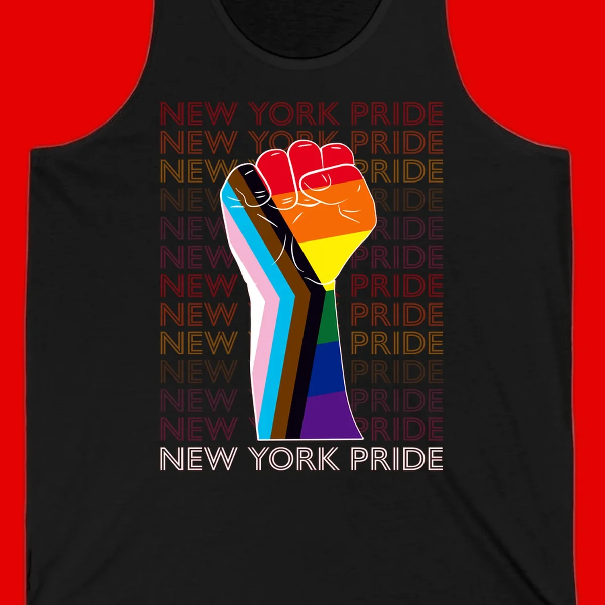 Raised fist in rainbow pride colors with pink, cyan, brown, and black diversity stripes on gray background with New York Pride text