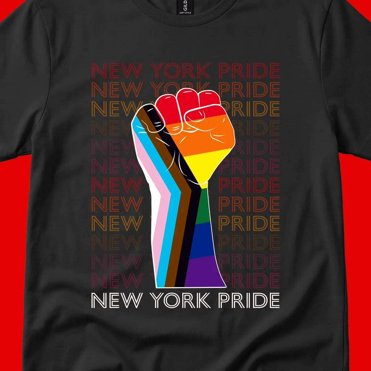Raised fist in rainbow pride colors with pink, cyan, brown, and black diversity stripes on gray background with New York Pride text
