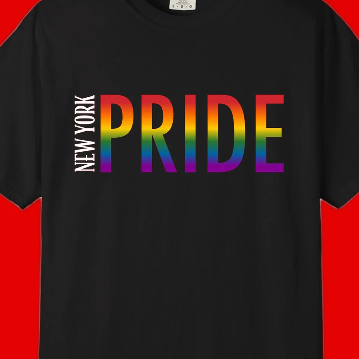 Pride rainbow gradient text design with bold letters transitioning through red, orange, yellow, green, blue, and purple spectrum colors