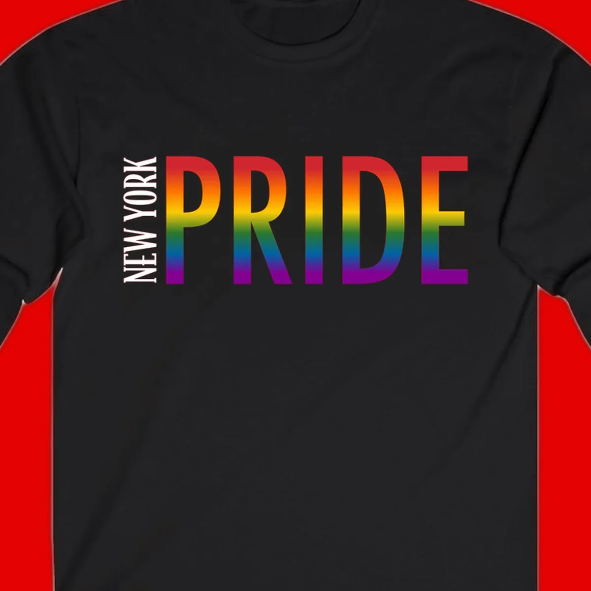 Pride rainbow gradient text design with bold letters transitioning through red, orange, yellow, green, blue, and purple spectrum colors