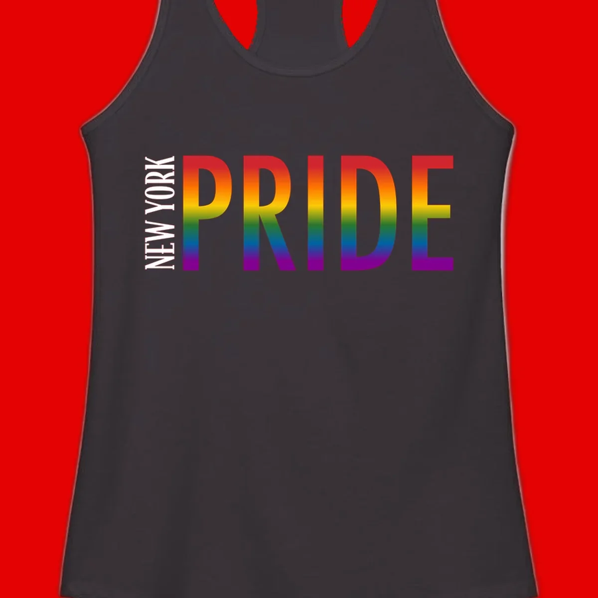 Pride rainbow gradient text design with bold letters transitioning through red, orange, yellow, green, blue, and purple spectrum colors