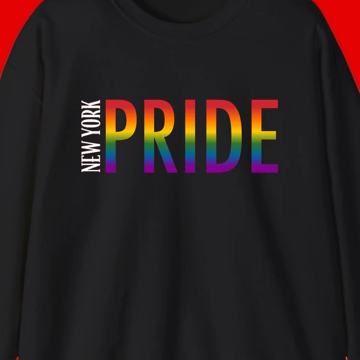 Pride rainbow gradient text design with bold letters transitioning through red, orange, yellow, green, blue, and purple spectrum colors