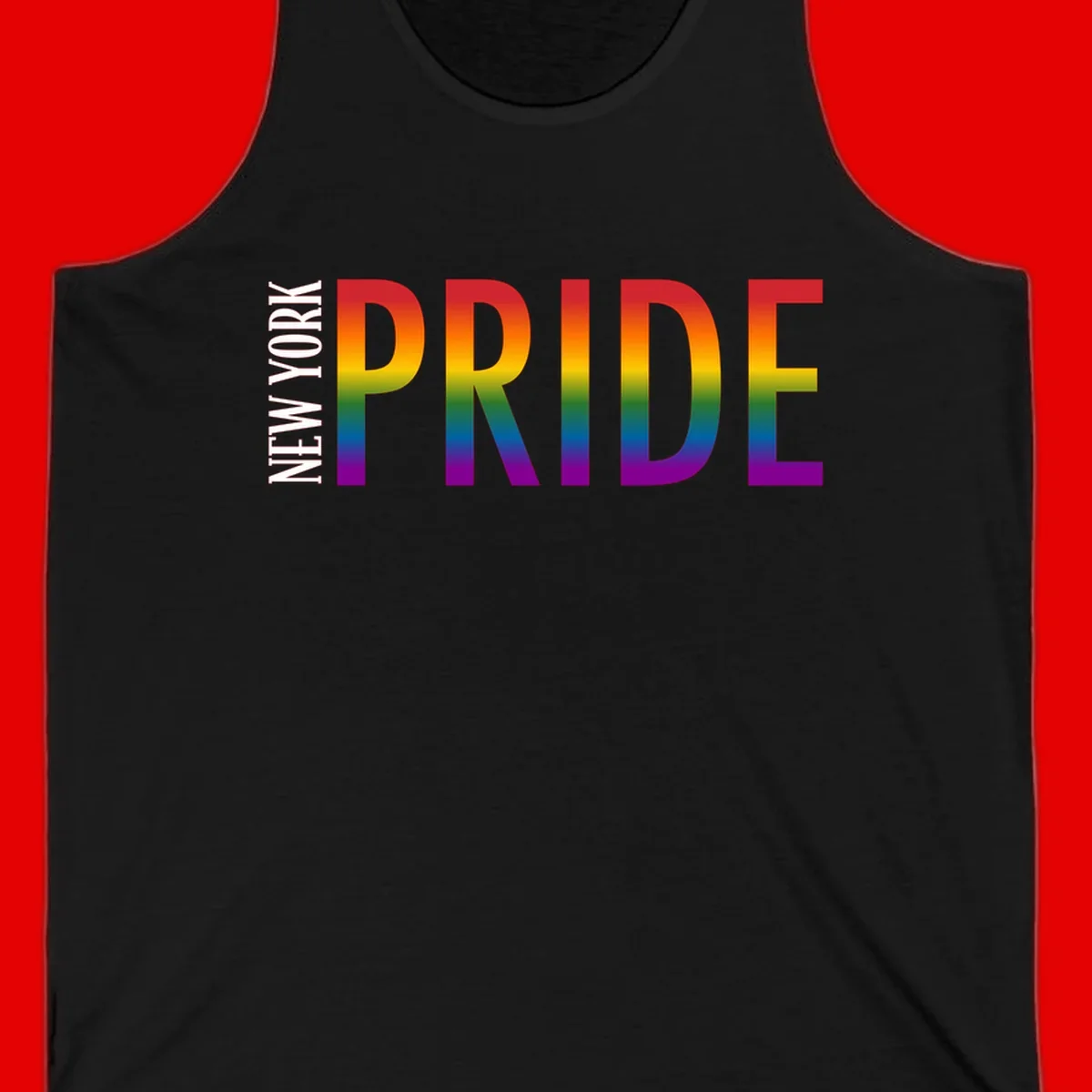 Pride rainbow gradient text design with bold letters transitioning through red, orange, yellow, green, blue, and purple spectrum colors
