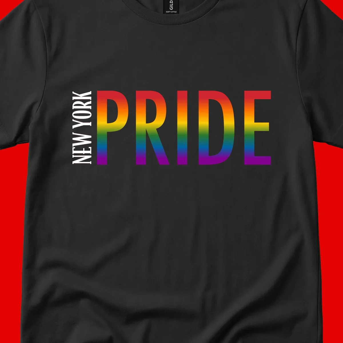 Pride rainbow gradient text design with bold letters transitioning through red, orange, yellow, green, blue, and purple spectrum colors