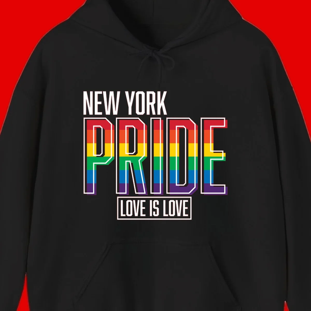 New York Pride Love Is Love design with bold rainbow-striped letters and pride flag colors on gray background