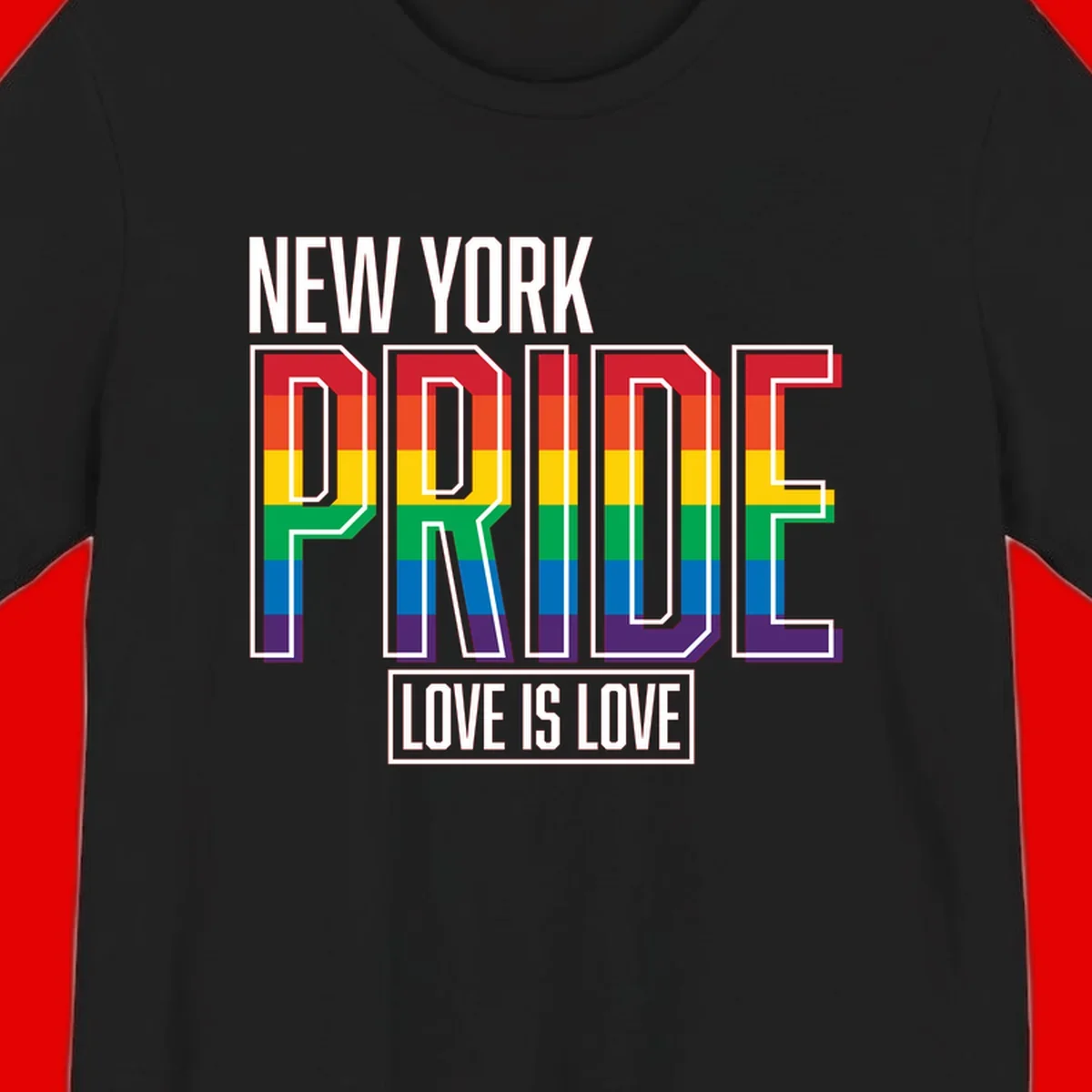 New York Pride Love Is Love design with bold rainbow-striped letters and pride flag colors on gray background
