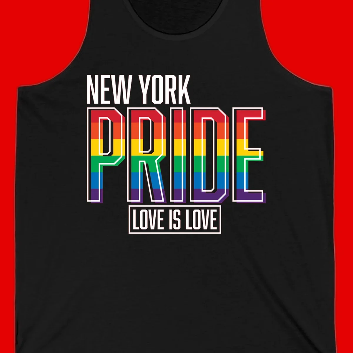 New York Pride Love Is Love design with bold rainbow-striped letters and pride flag colors on gray background