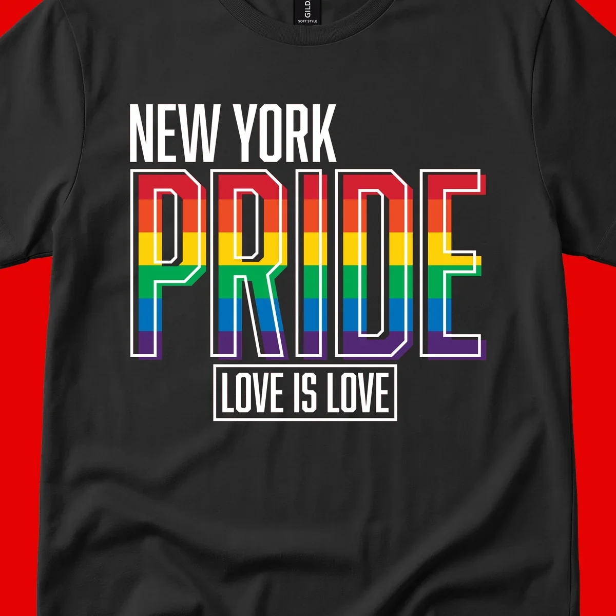 New York Pride Love Is Love design with bold rainbow-striped letters and pride flag colors on gray background