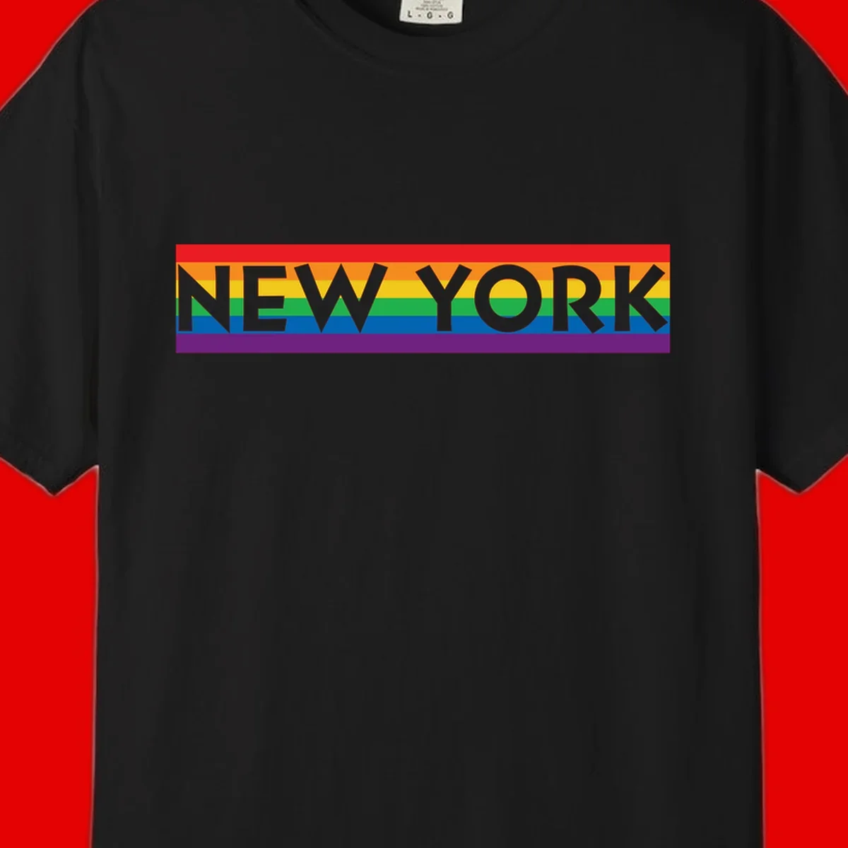 New York pride rainbow design with gray text over six-color pride flag stripes in red, orange, yellow, green, blue, and purple