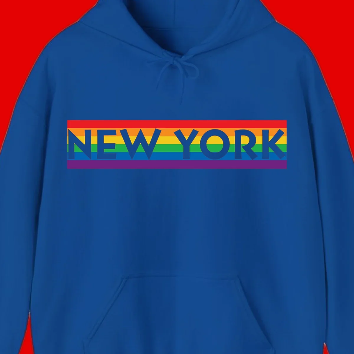 New York pride rainbow design with gray text over six-color pride flag stripes in red, orange, yellow, green, blue, and purple