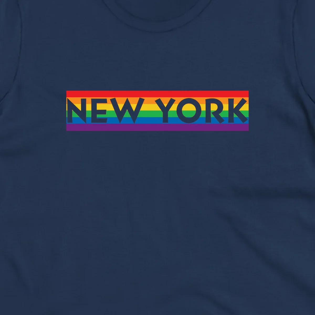 New York pride rainbow design with gray text over six-color pride flag stripes in red, orange, yellow, green, blue, and purple