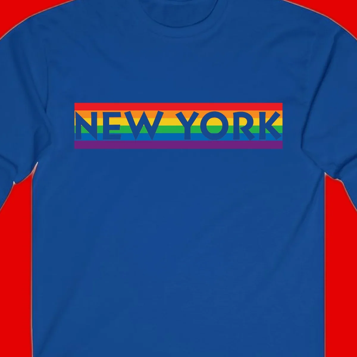 New York pride rainbow design with gray text over six-color pride flag stripes in red, orange, yellow, green, blue, and purple