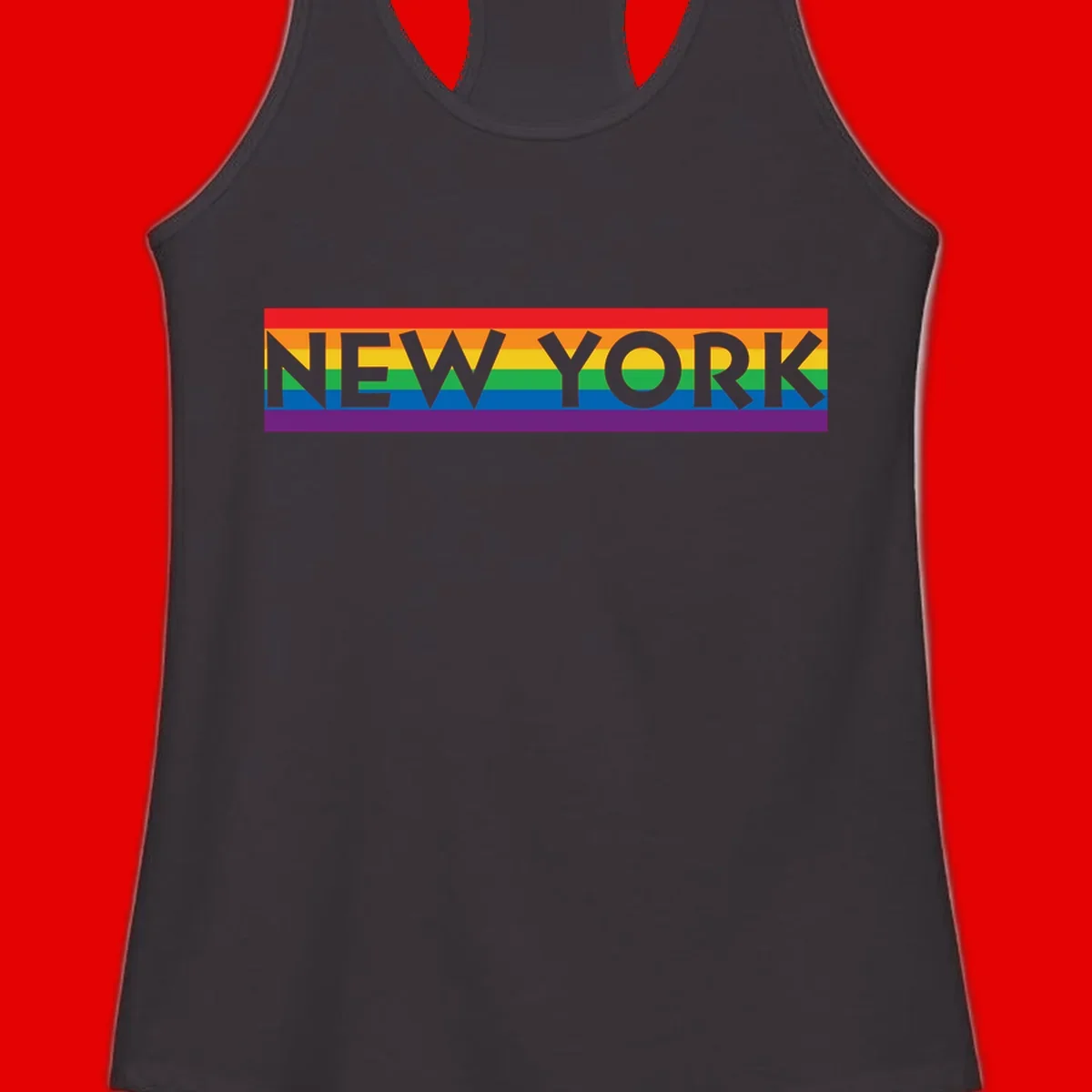 New York pride rainbow design with gray text over six-color pride flag stripes in red, orange, yellow, green, blue, and purple