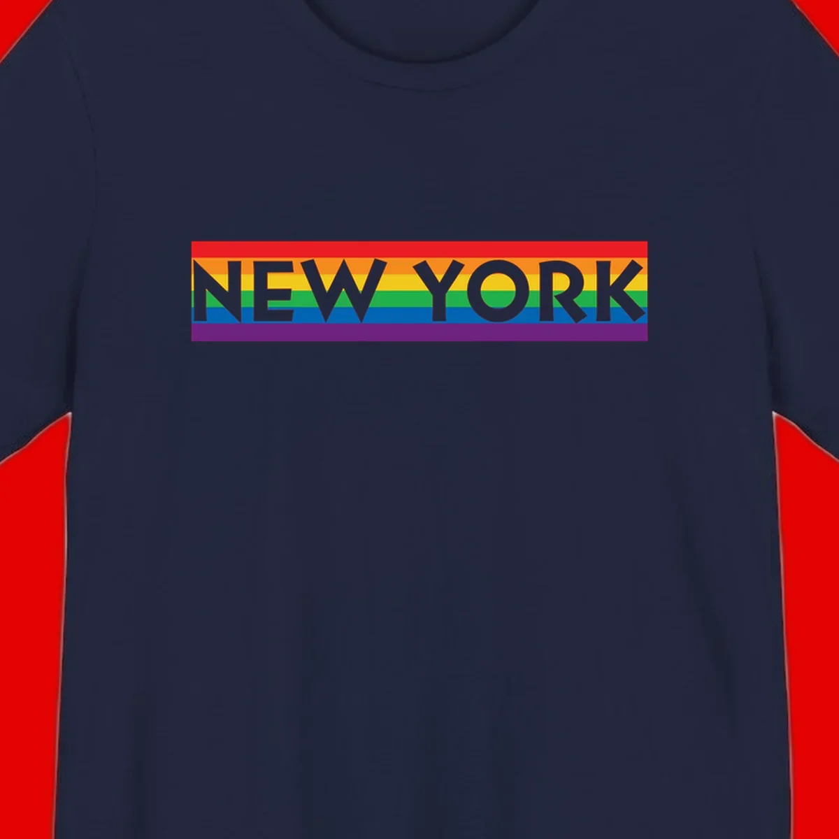 New York pride rainbow design with gray text over six-color pride flag stripes in red, orange, yellow, green, blue, and purple