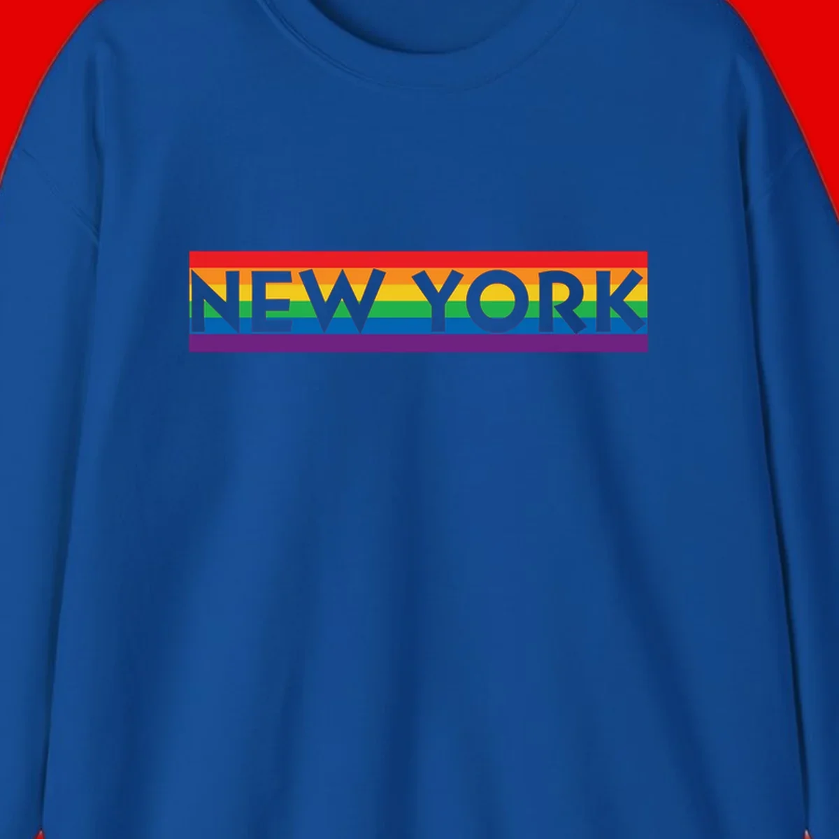 New York pride rainbow design with gray text over six-color pride flag stripes in red, orange, yellow, green, blue, and purple