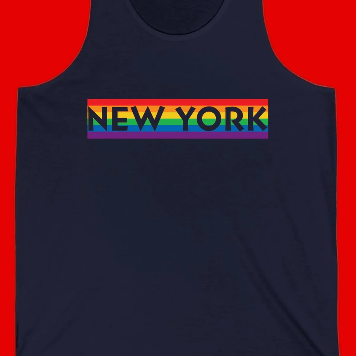 New York pride rainbow design with gray text over six-color pride flag stripes in red, orange, yellow, green, blue, and purple