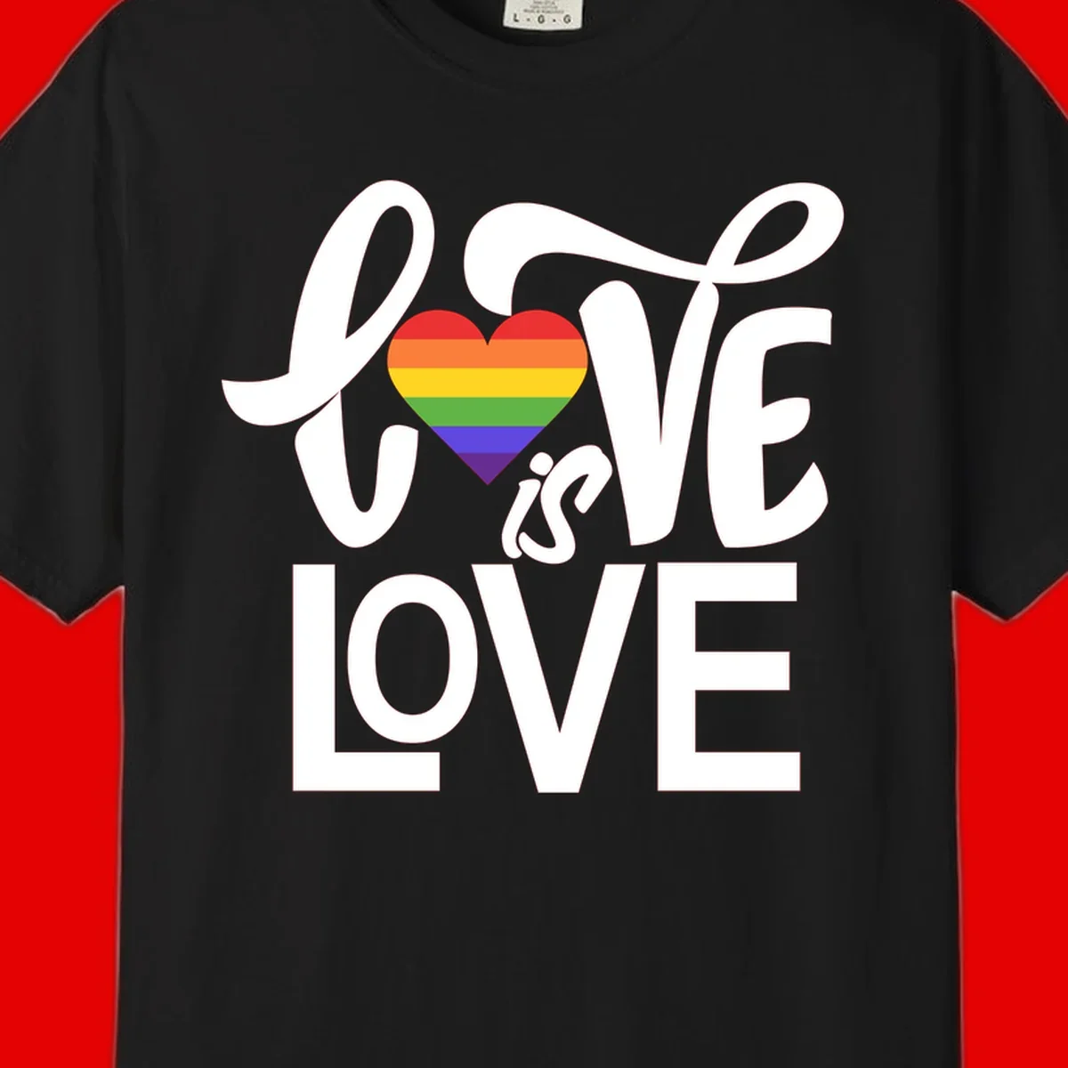 White text reading 'LOVE is LOVE' with a rainbow-striped heart in the center on gray background
