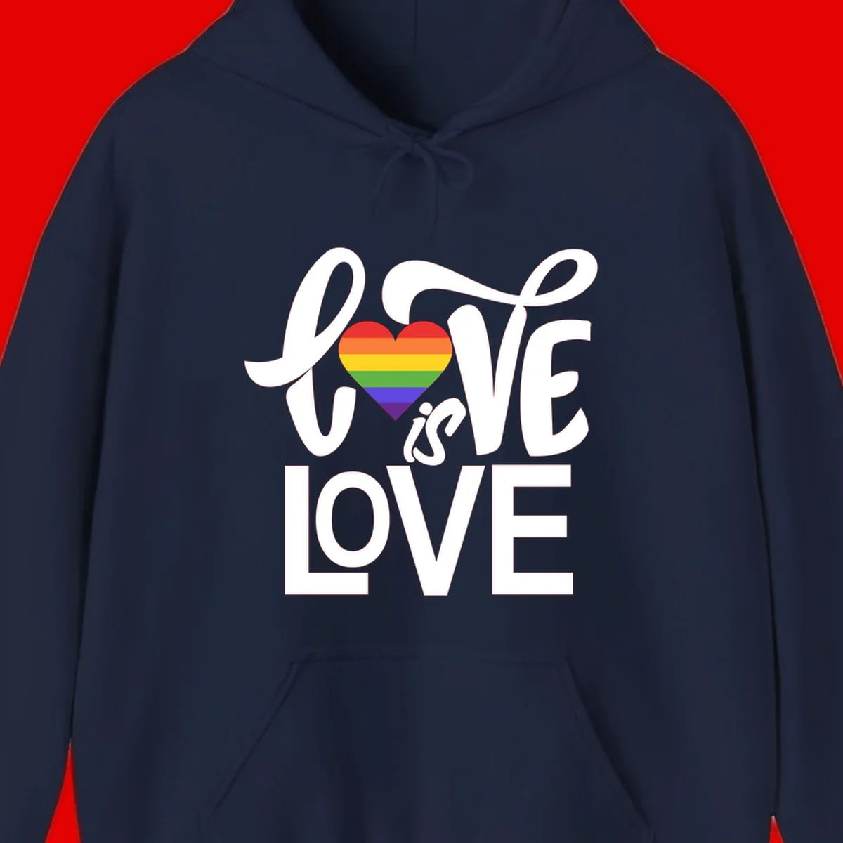 White text reading 'LOVE is LOVE' with a rainbow-striped heart in the center on gray background