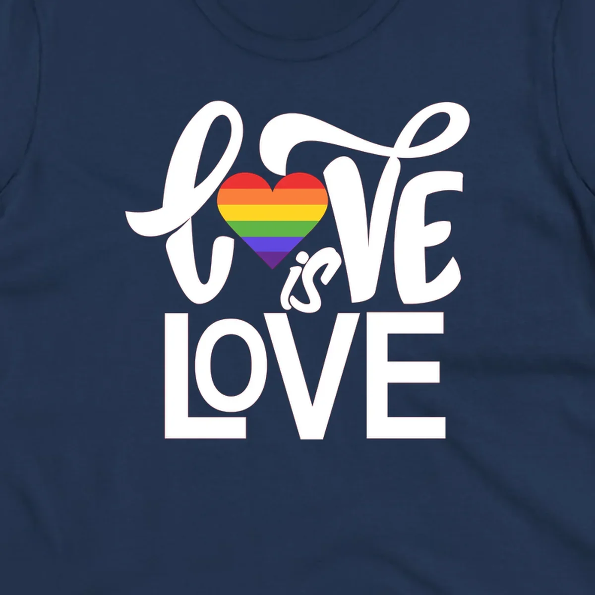 White text reading 'LOVE is LOVE' with a rainbow-striped heart in the center on gray background