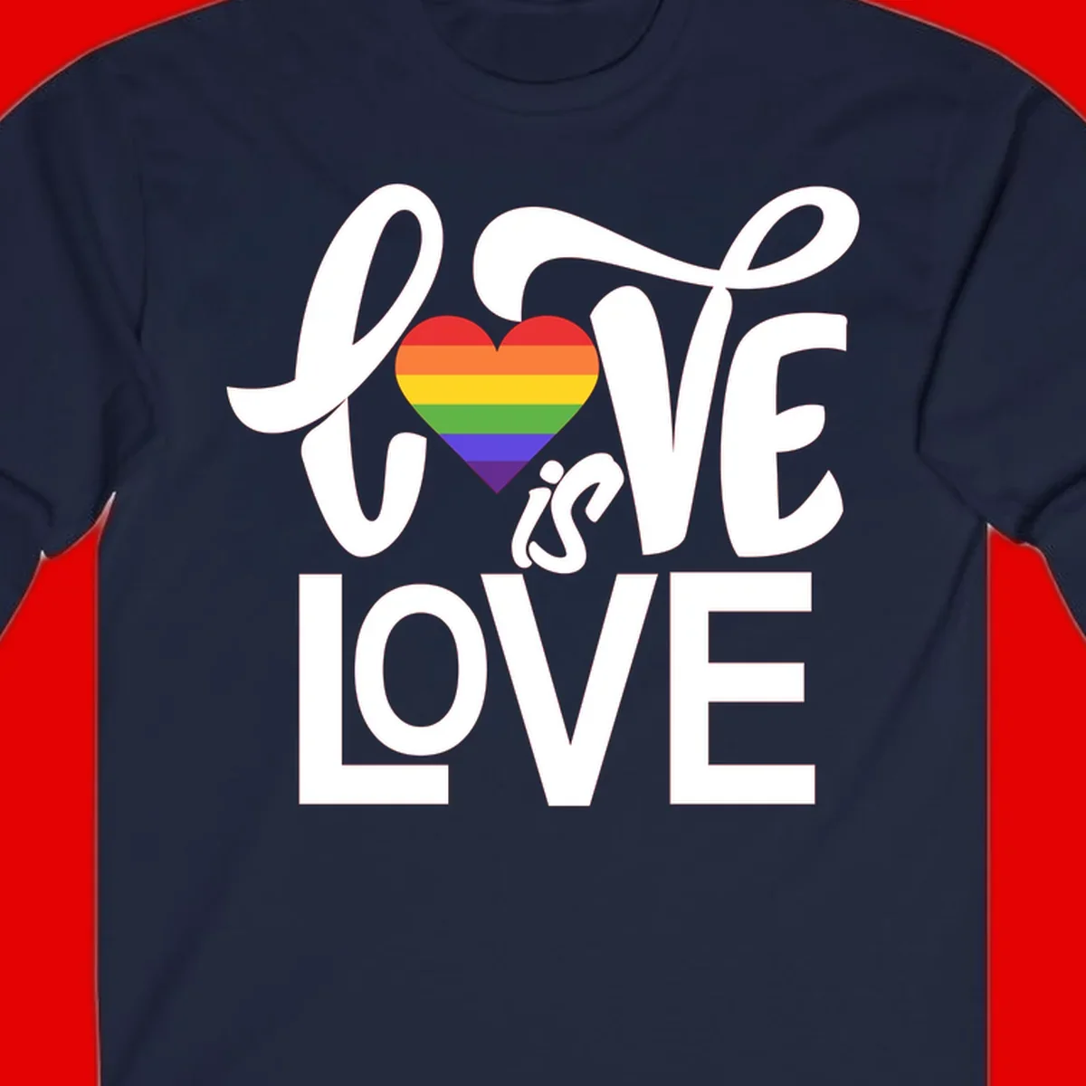 White text reading 'LOVE is LOVE' with a rainbow-striped heart in the center on gray background