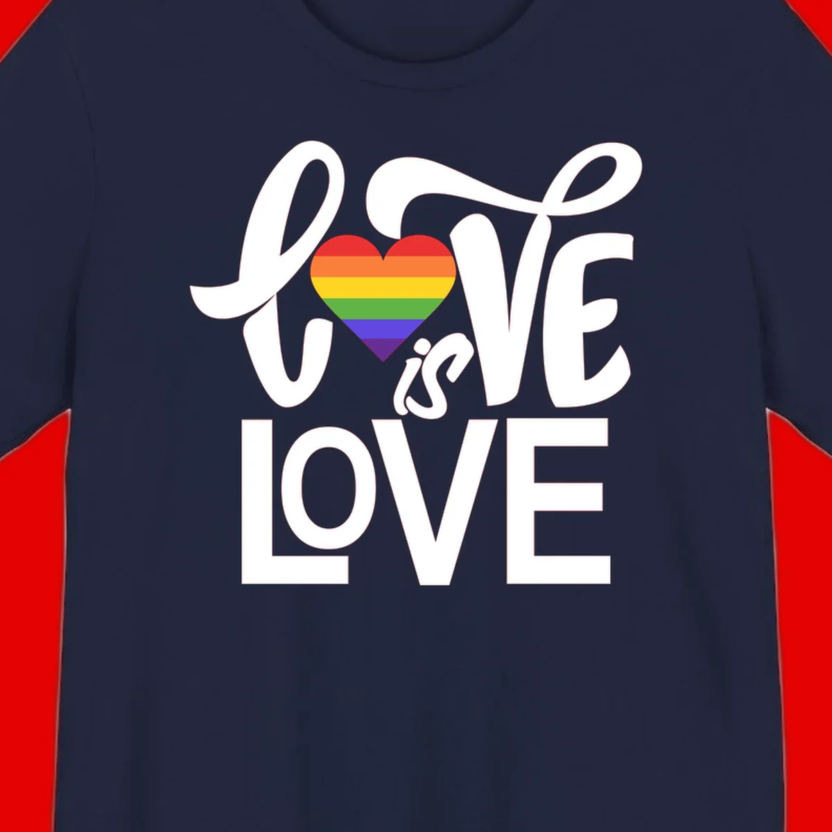 White text reading 'LOVE is LOVE' with a rainbow-striped heart in the center on gray background