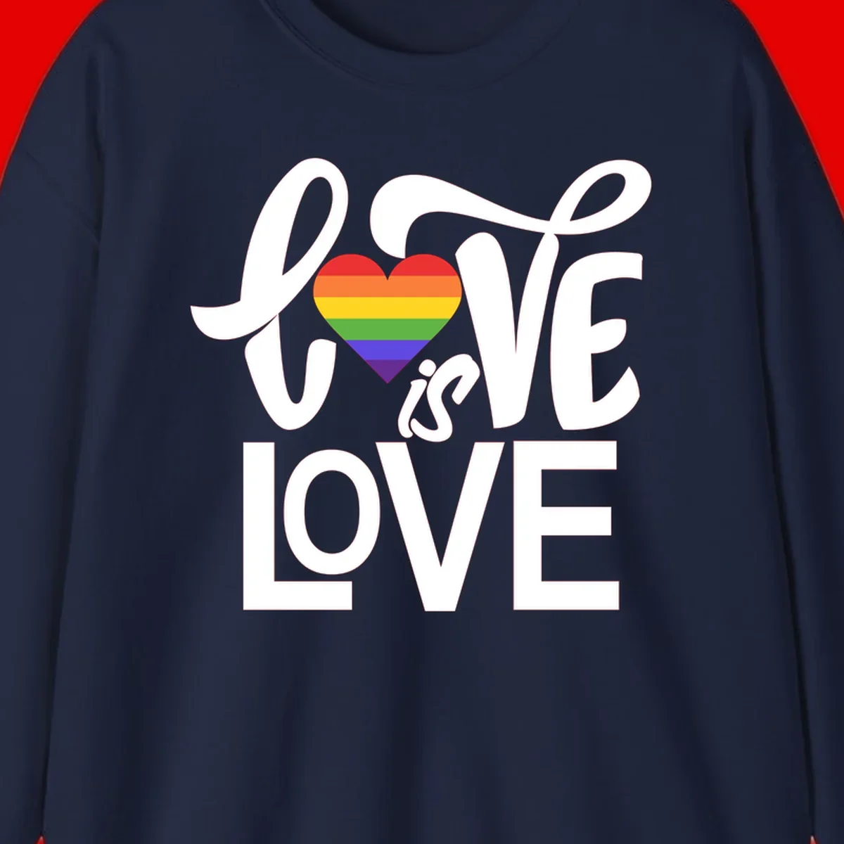 White text reading 'LOVE is LOVE' with a rainbow-striped heart in the center on gray background