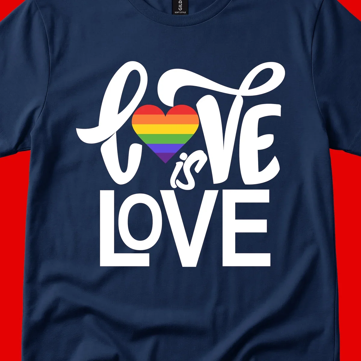White text reading 'LOVE is LOVE' with a rainbow-striped heart in the center on gray background