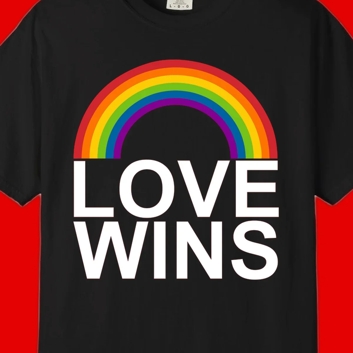 Rainbow arc above white text reading 'Love Wins' on gray background, pride equality design
