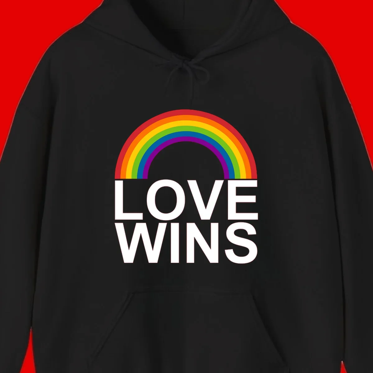 Rainbow arc above white text reading 'Love Wins' on gray background, pride equality design