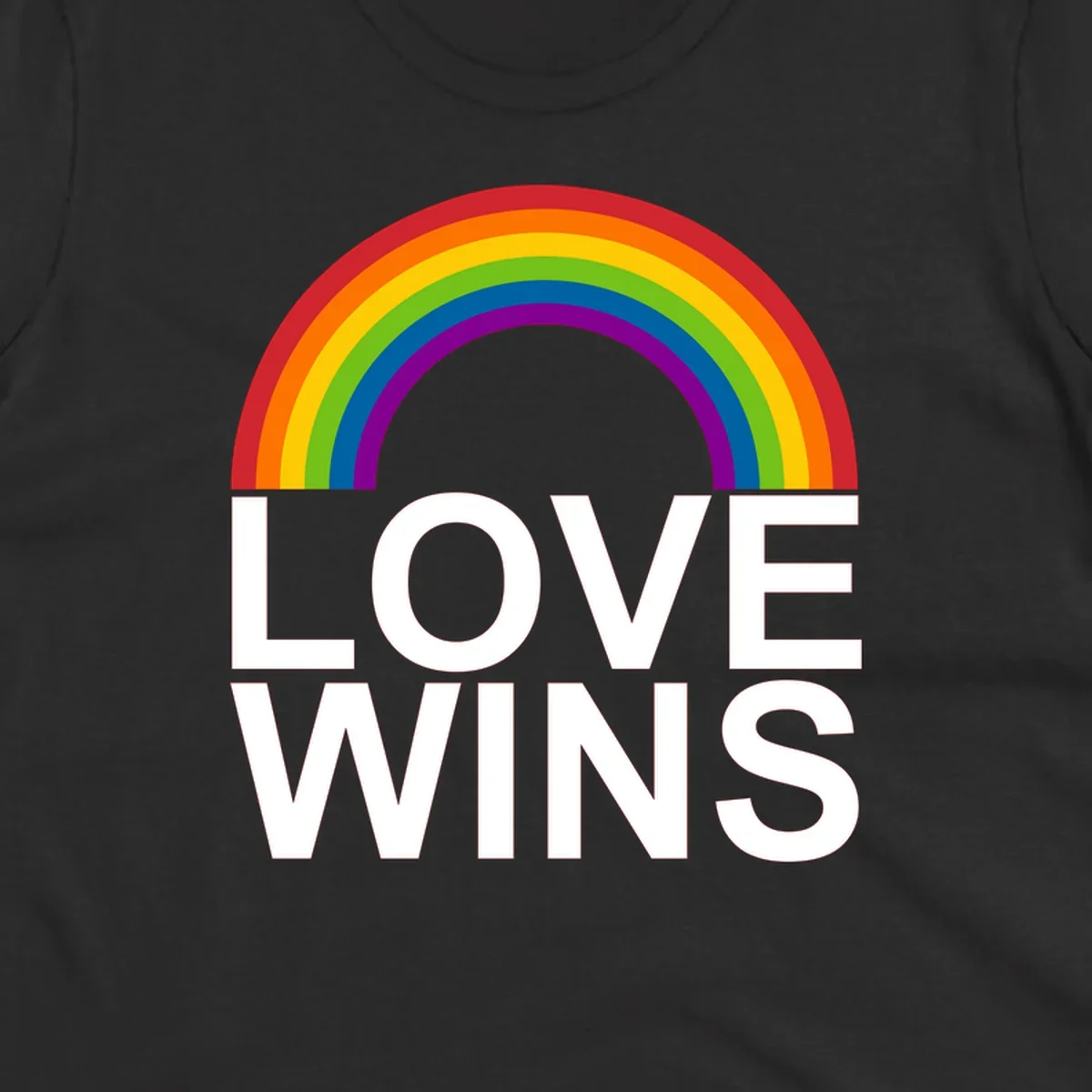 Rainbow arc above white text reading 'Love Wins' on gray background, pride equality design