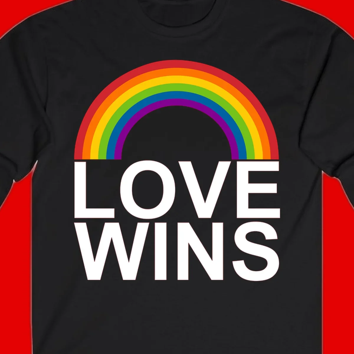 Rainbow arc above white text reading 'Love Wins' on gray background, pride equality design