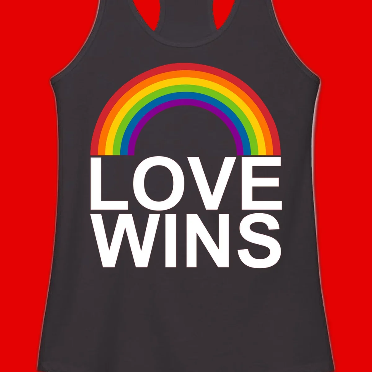 Rainbow arc above white text reading 'Love Wins' on gray background, pride equality design