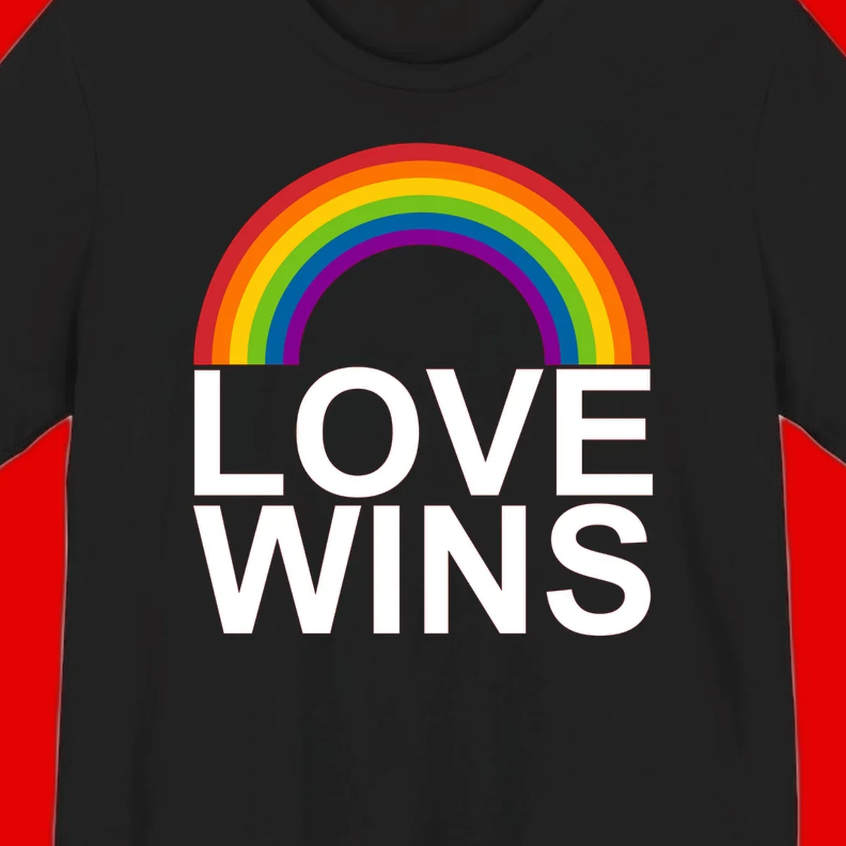 Rainbow arc above white text reading 'Love Wins' on gray background, pride equality design