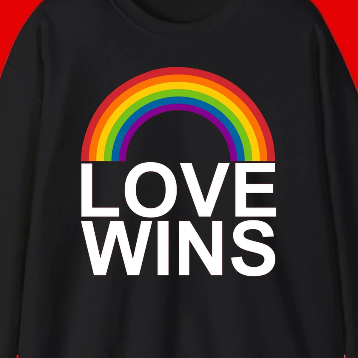 Rainbow arc above white text reading 'Love Wins' on gray background, pride equality design